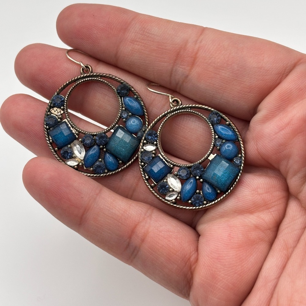 Vintage 90s Bronze Tone Open Hoop Dangle Earrings Multi Blue Rhinestone Jewelry - Picture 10 of 11
